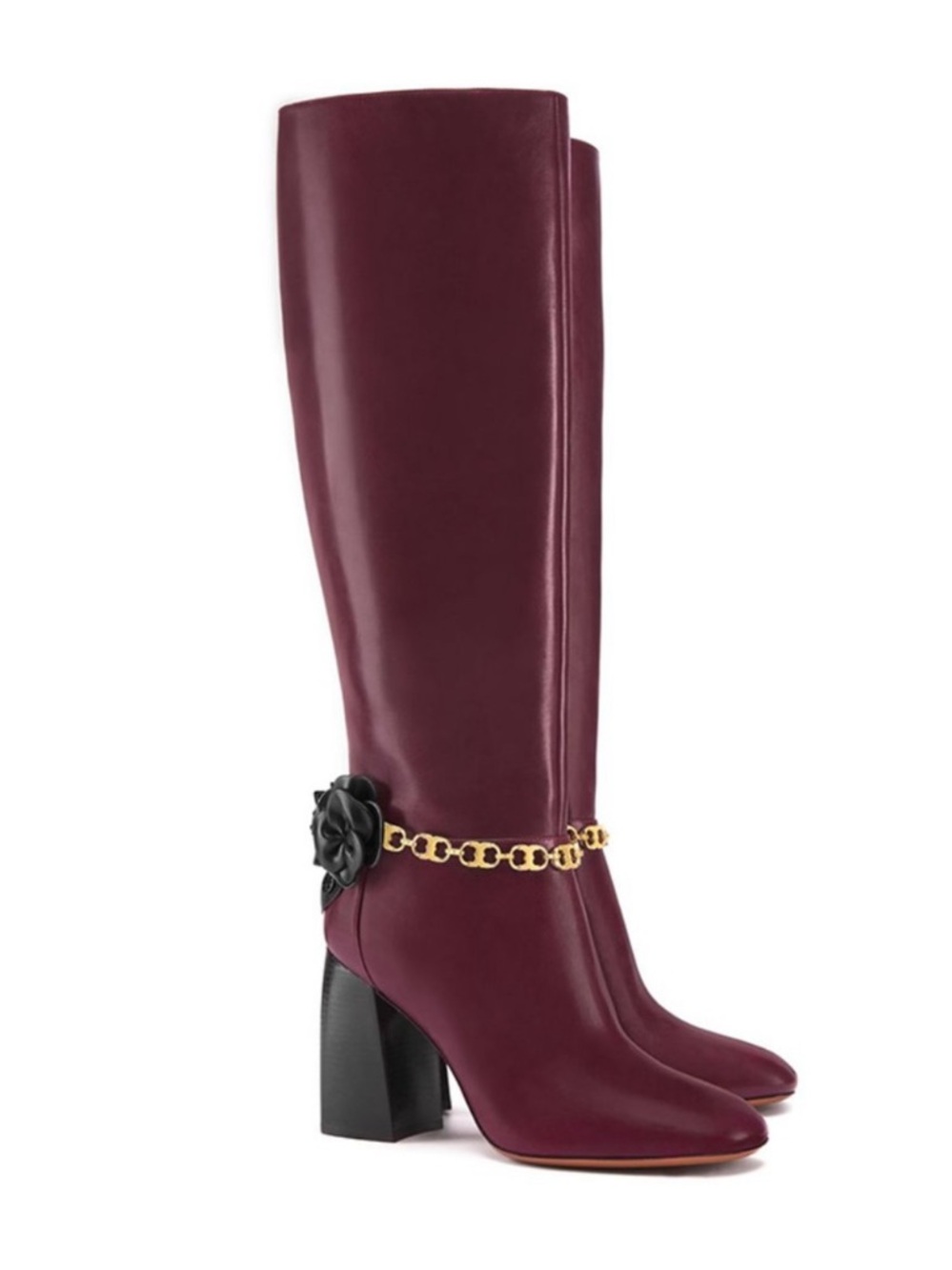 Tory Burch Burgundy Knee-High Leather Boots with Gold Chain and Black Rose